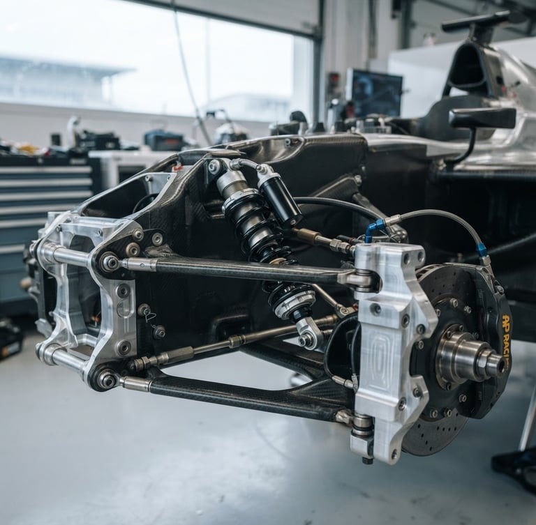 Technical close-up of high-end modern race car suspension assemblies, machined metal, dampers and control arms, cool overcast daylight, clinical garage environment, 35mm.
