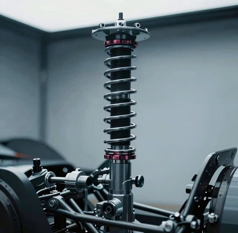 Close-up of a high-end modern race car suspension assembly in a clean garage, cool overcast daylight, muted blue and charcoal tones, sharp details, 35mm