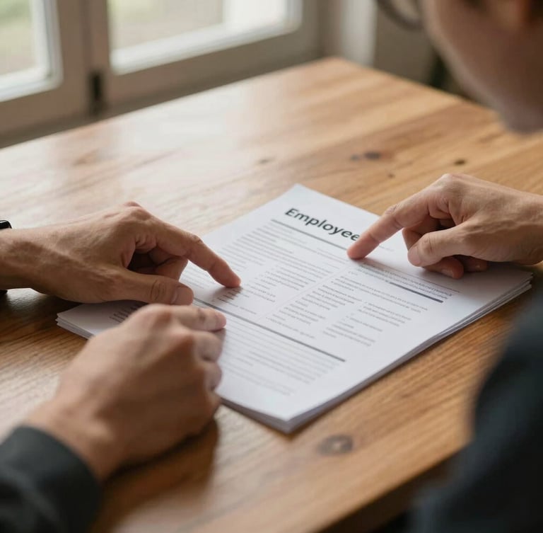 A close-up photograph of two people reviewing a printed employee handbook on a warm wooden table. Soft morning light filters through a nearby window. Focus is on hands pointing to structured text on the paper, creating a calm and collaborative atmosphere.