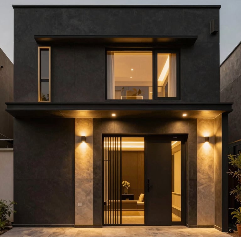 Straight-on architectural elevation of a modern Gurugram villa facade, warm dramatic lighting, matte black panels and gold accents, 35mm lens