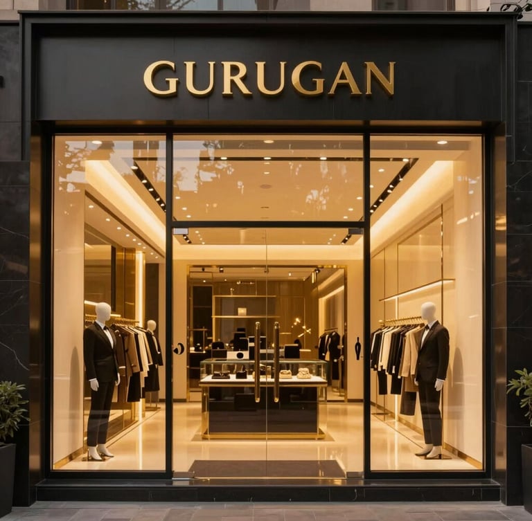 Straight-on architectural shot of a luxury showroom facade in Gurugram, warm golden hour light reflecting off large glass panels, high-contrast interior illumination, 35mm lens.