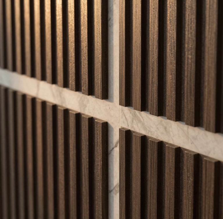 Close-up detail shot of premium fluted WPC panels and marble slab seams, dramatic side lighting highlighting the rich textures and precise joints, warm editorial photography style.