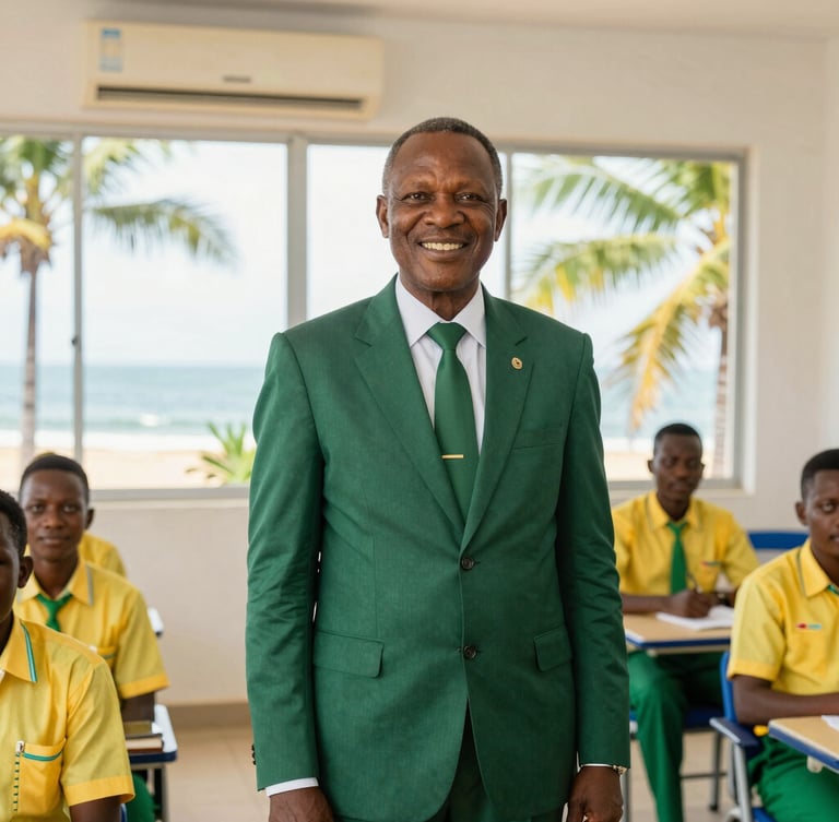Warm editorial portrait of a senior Cameroonian school principal in a dark green suit, smiling warmly in a bright, modern office with large windows showing Limbe coastal palm trees, bright natural daylight, 35mm