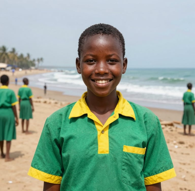 Warm editorial photo of a Cameroonian secondary school student in a green and yellow uniform smiling in front of the Limbe coastline, bright natural daylight, 35mm