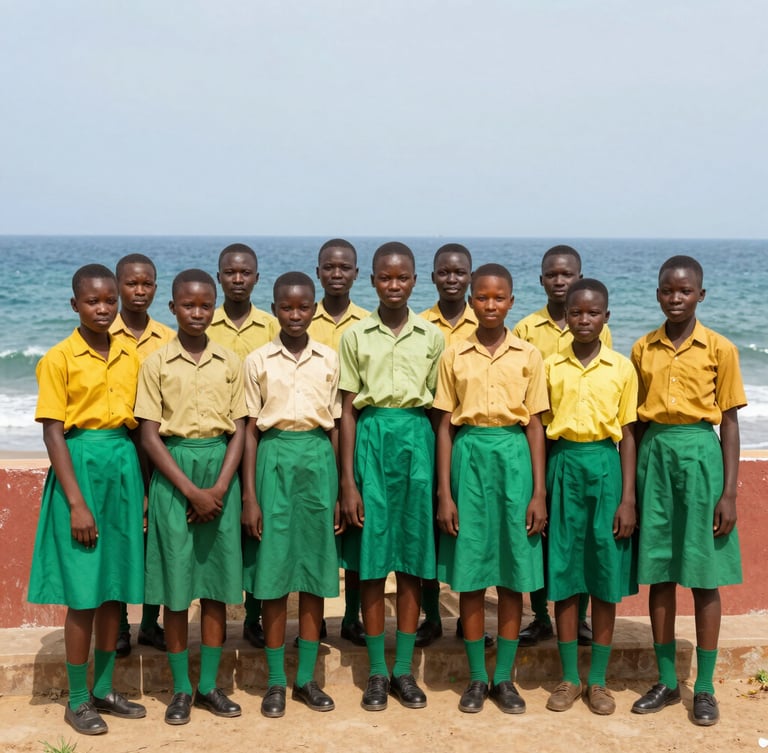 Warm editorial photography of Cameroonian secondary students in vibrant green and yellow uniforms standing proudly on a high terrace overlooking the Atlantic ocean in Limbe, bright natural daylight, 35mm