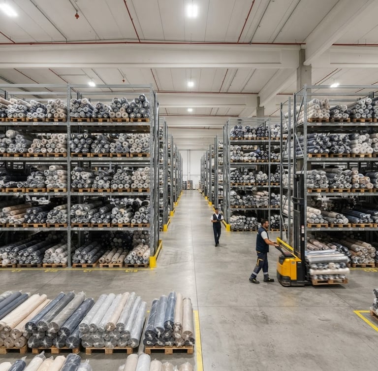 Wide shot of a modern, organized textile warehouse with neatly stacked fabric rolls under bright commercial lighting, sharp focus, 50mm lens, neutral corporate tones.