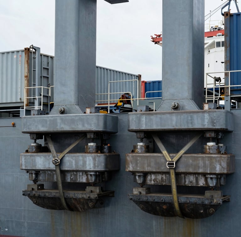 Industrial documentary photography of heavy steel container locks and securing straps on a cargo vessel, cool steel tones, overcast daylight, sharp focus.