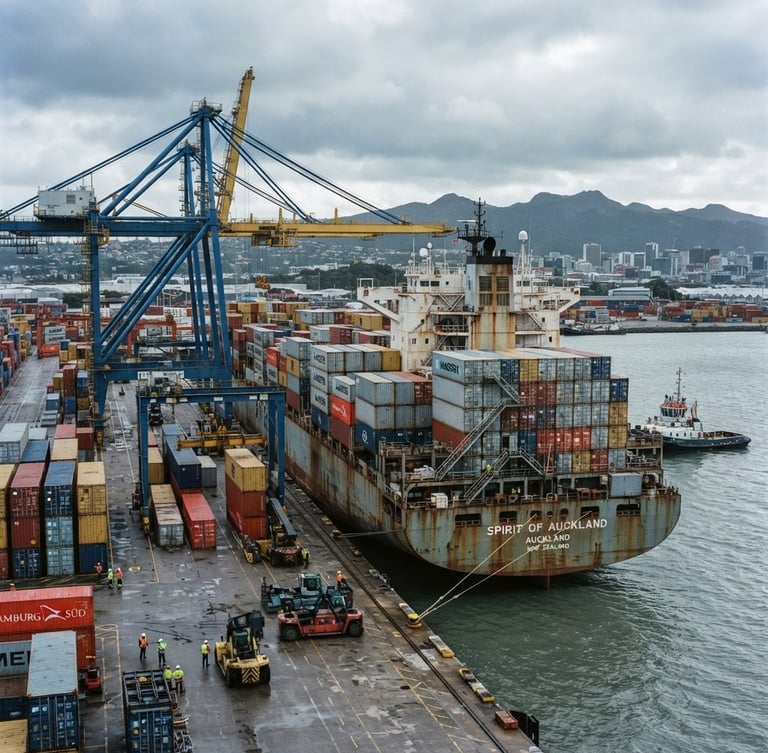 Industrial documentary photography of a container ship docked at a New Zealand port, overcast daylight, cool steel tones, sharp focus, 35mm lens.