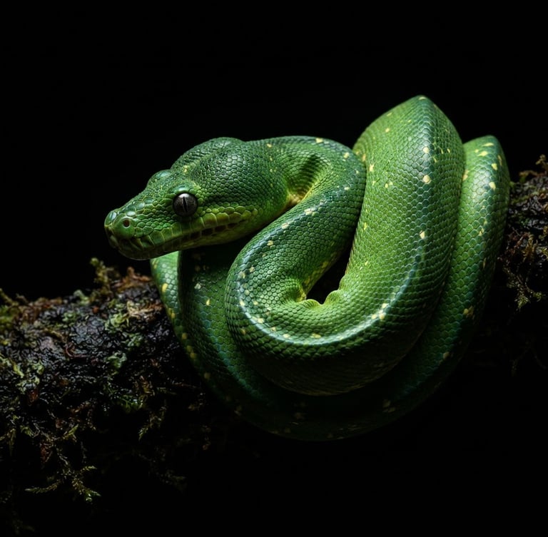 Macro studio profile of a rare green tree python coiled on a dark mossy branch, dramatic high-contrast key lighting, deep black background, vivid emerald scales.