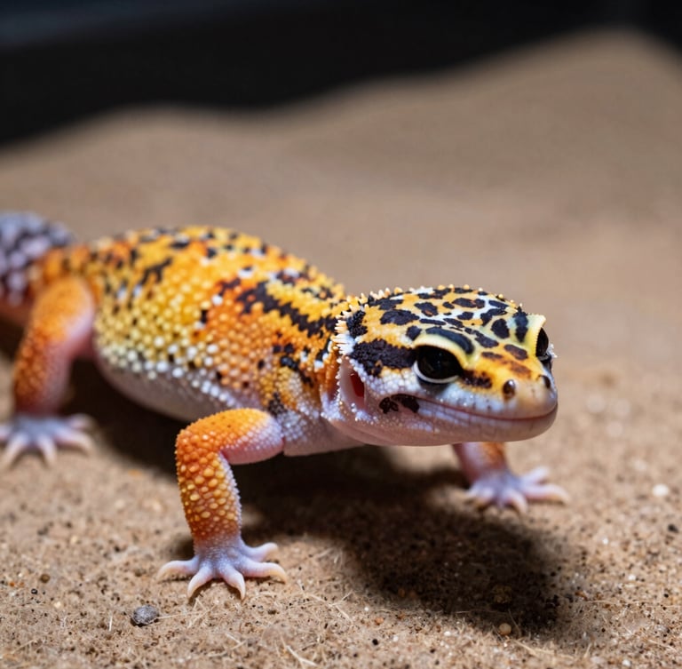 Macro close-up of a healthy leopard gecko showing detailed scale patterns under warm terrarium lighting, clean naturalistic background.