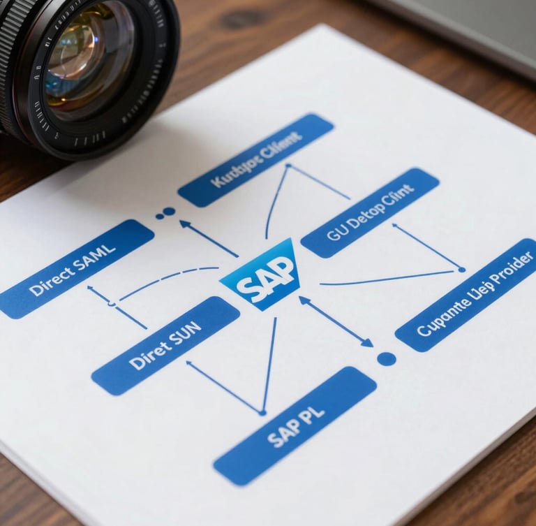 Orthogonal system diagram showing direct SAML authentication path between SAP GUI desktop client and corporate Identity Provider, clean technical blueprint style, cobalt blue accents.