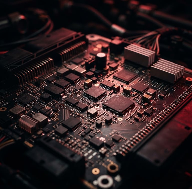 Close-up of a high-performance ECU board under moody red ambient studio lighting, metallic details, sharp macro focus, 35mm