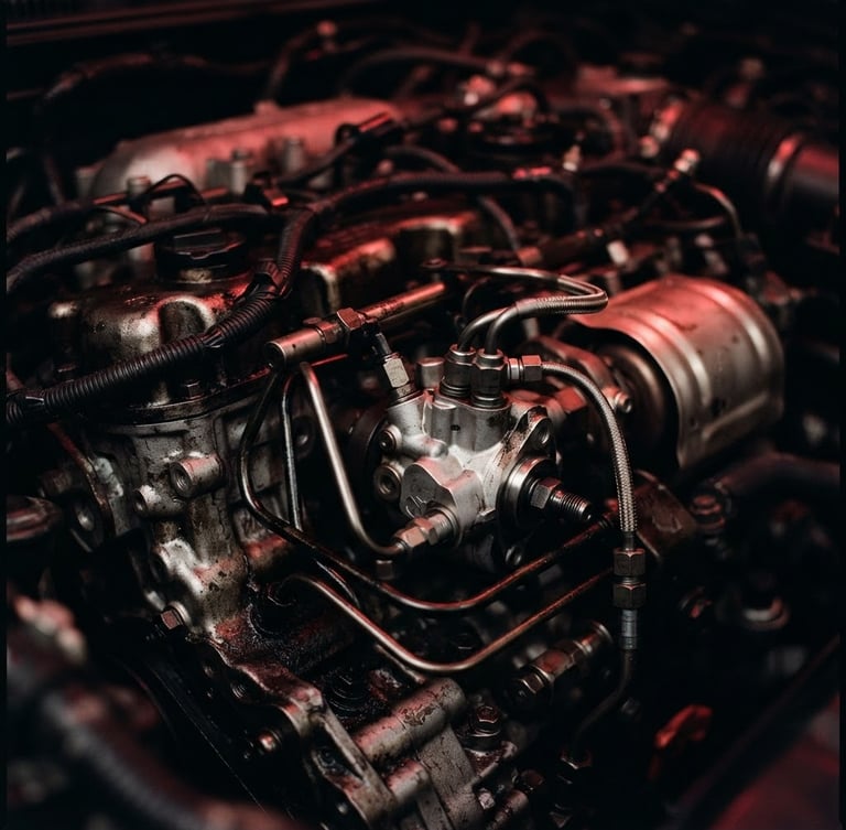 Close-up of a modern common-rail diesel engine bay, high contrast metallic textures, dramatic red ambient lighting, sharp macro focus, 35mm