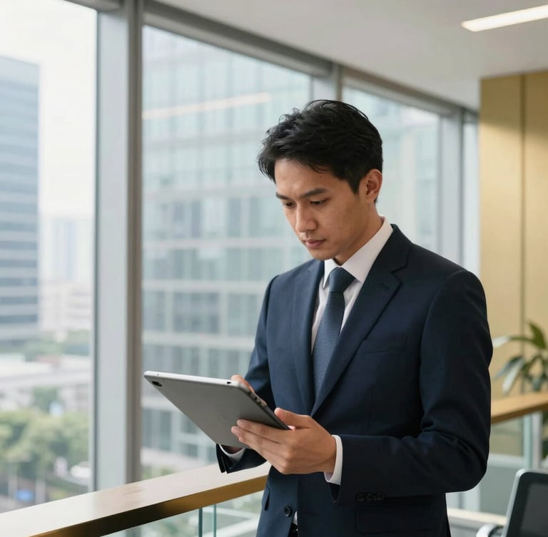 Editorial corporate photography, bright natural window light, focused professional using digital tablet in a modern glass-walled Jakarta office, subtle gold accents, crisp 35mm focus