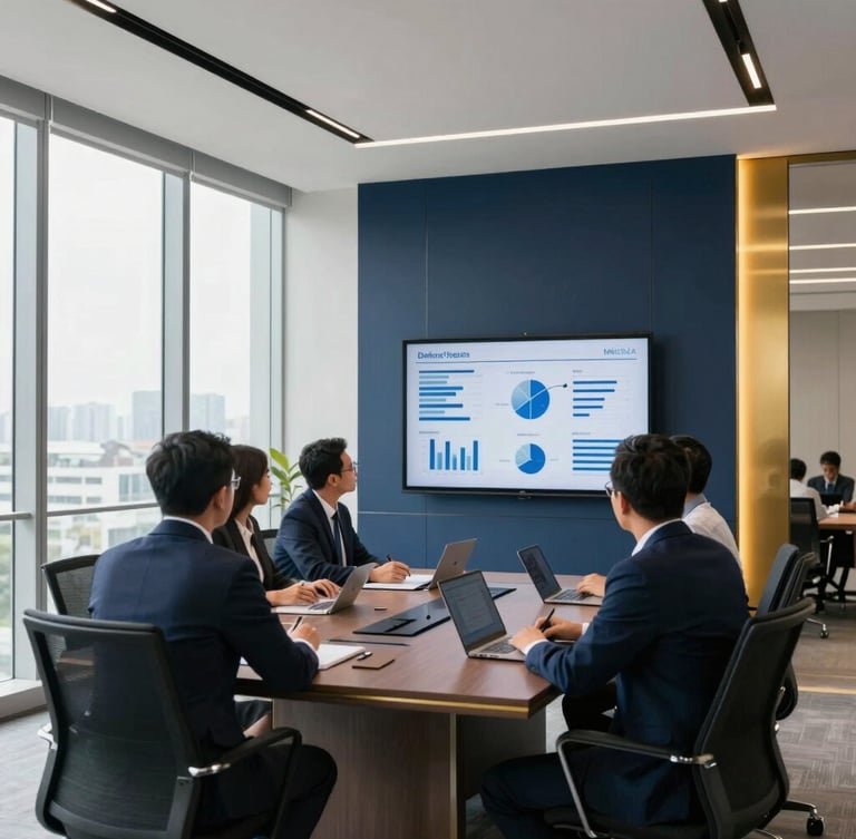 A modern minimalist corporate boardroom with large windows, natural light, professional Indonesian executives analyzing data on a screen, deep navy and gold accents, editorial corporate photography style, 35mm.