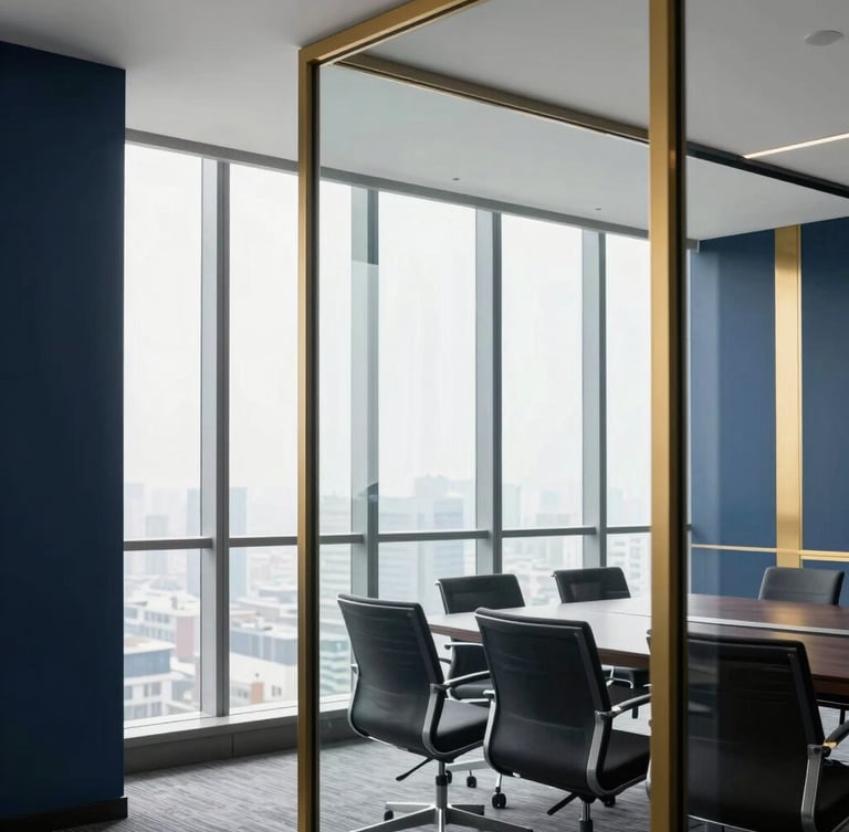 Editorial corporate photography of a modern minimalist glass-walled meeting room in Jakarta, bright natural window light, deep navy and gold accents, crisp focus, 35mm.