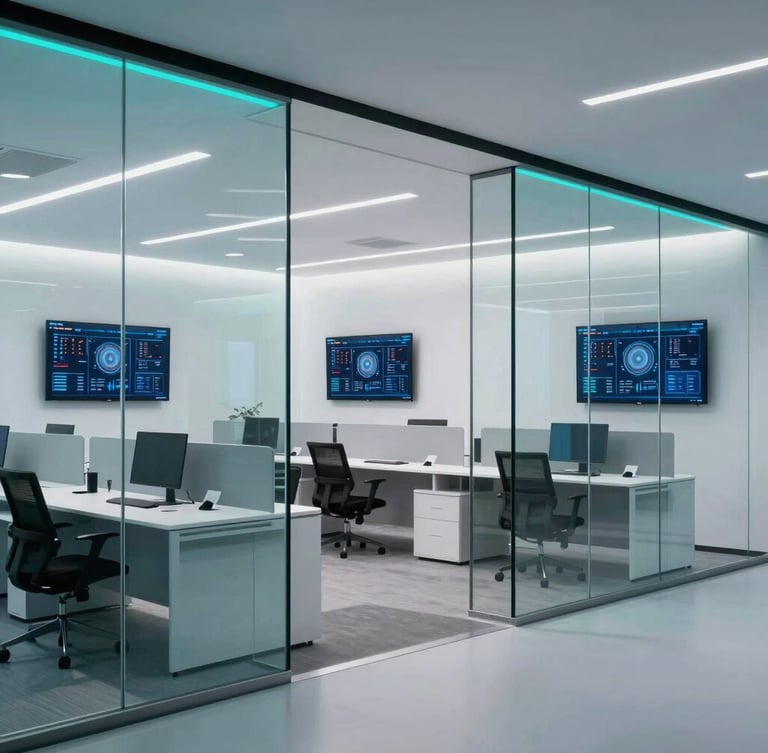 Modern architectural workspace with clean glass partitions, high-end tech dashboards visible on wall-mounted screens, cool crisp studio lighting with teal accents.