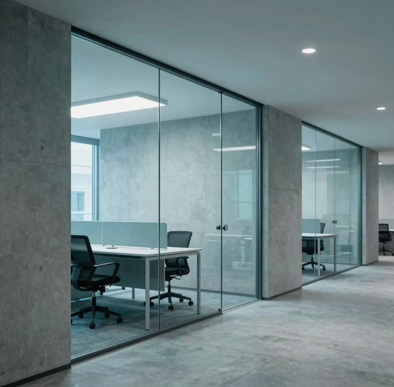 A modern architectural workspace with concrete walls, glass partitions, and soft teal ambient lighting, minimal corporate composition, 35mm lens.