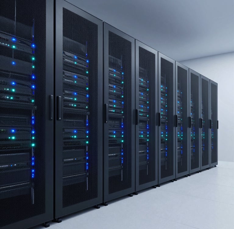 Wide architectural shot of a modern clean server room with glowing blue and teal status lights, minimal composition, crisp corporate photography, 35mm lens.