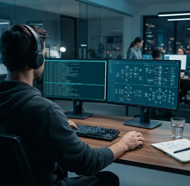 Over-the-shoulder view of a software engineer analyzing complex system logs and network architecture on dual monitors, cool blue and teal ambient lighting, crisp corporate environment, 35mm lens.