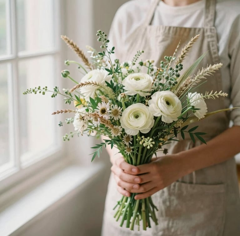 Close-up of an organic, hand-tied bouquet with wild grasses, ranunculus, and delicate foliage, held by a florist in a linen apron, warm editorial photography, soft morning window light, shallow depth of field, 35mm