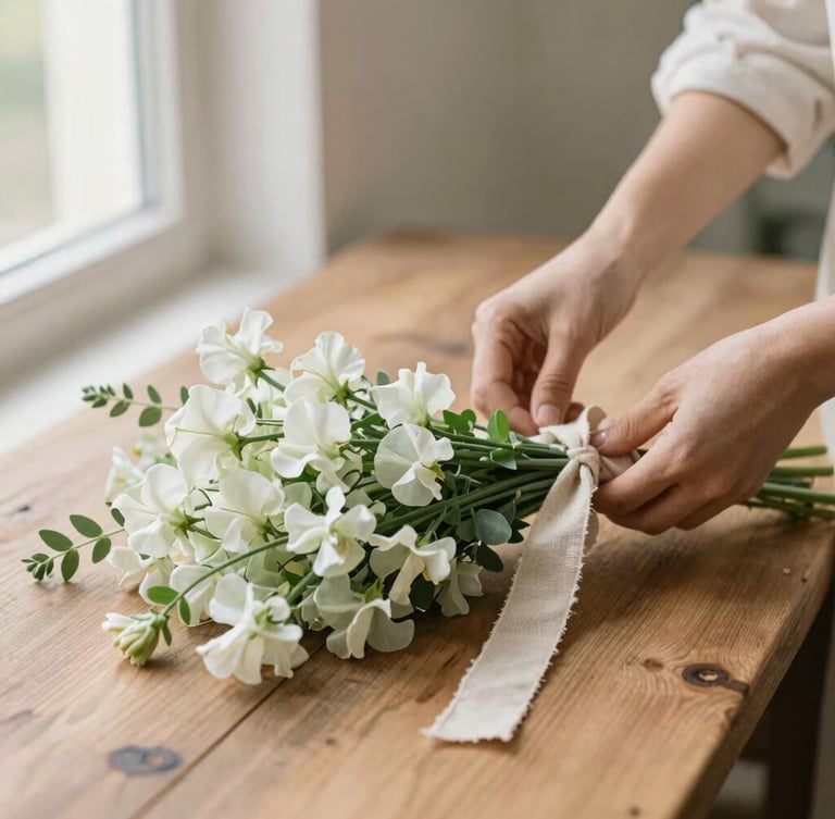 Candid close-up of a florist's hands tying a loose bouquet of sweet peas and delicate greenery with a simple linen ribbon on a rustic wooden table, soft side lighting
