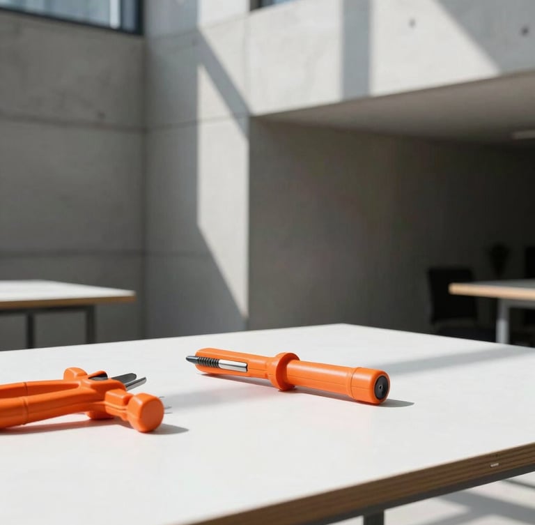 Bright architectural photography of a modern concrete workspace with sharp direct sunlight casting geometric shadows, vivid orange design tools on a white table, 35mm