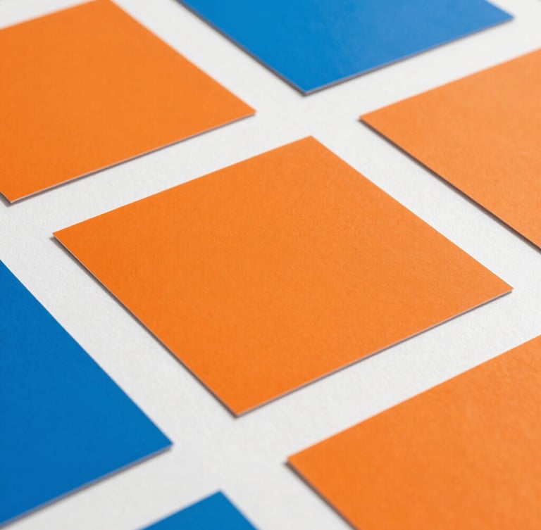 Extreme close-up of vibrant orange and electric blue color swatches lying on a pristine white drafting table, sharp graphic shadows, 35mm
