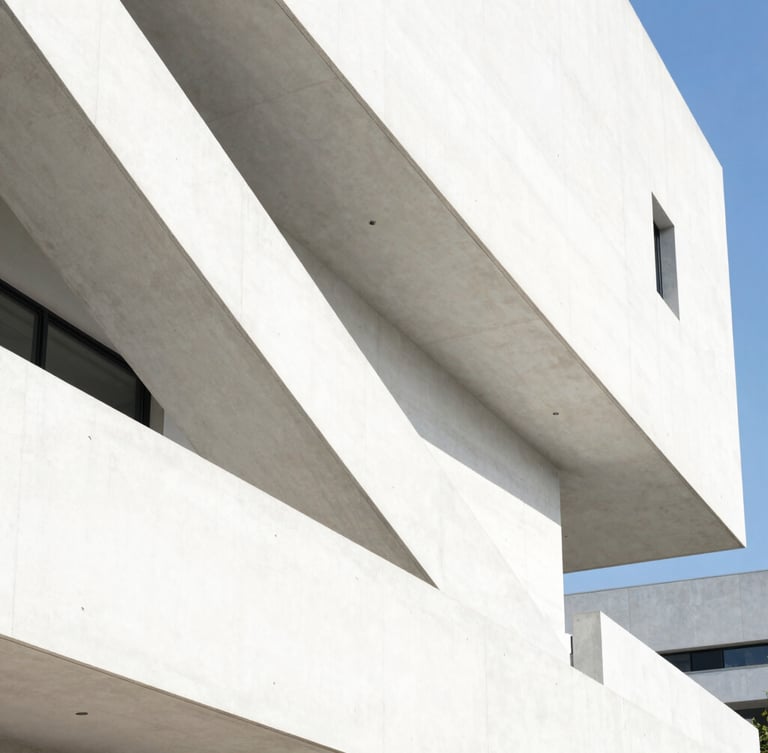 Bright architectural photography of a stark white modern concrete building with sharp diagonal shadows under intense direct sunlight, 35mm
