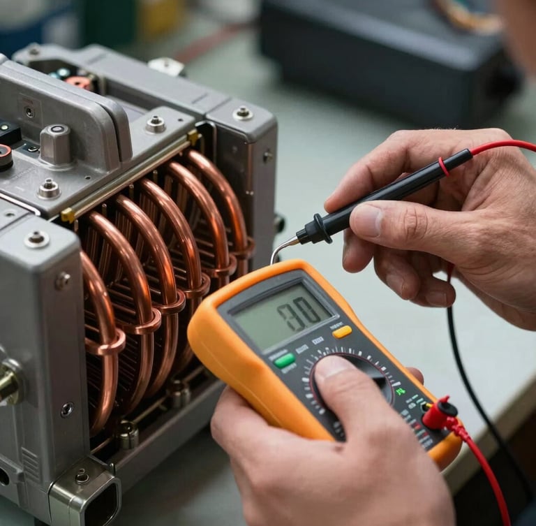A close-up high-contrast photo of a technician's hands using a digital multimeter to test voltage on a copper compressor coil, sharp daylight lighting, industrial aesthetic