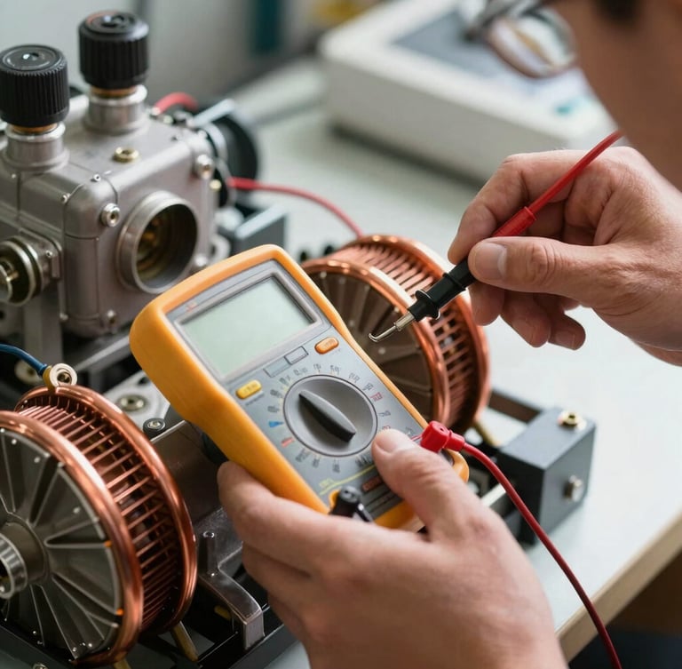 Close-up of a technician using a digital multimeter to measure voltage on copper compressor coils, sharp focus, natural morning light.