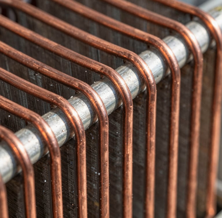Macro close-up of copper refrigerator condenser coils, bright direct daylight, sharp focus on metallic textures and technical details.