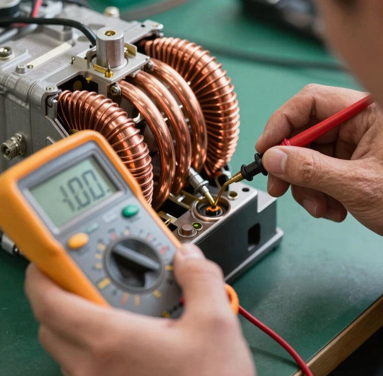 Tight macro shot of a technician using a digital multimeter to test voltage on copper compressor coils, sharp daylight, high-contrast.