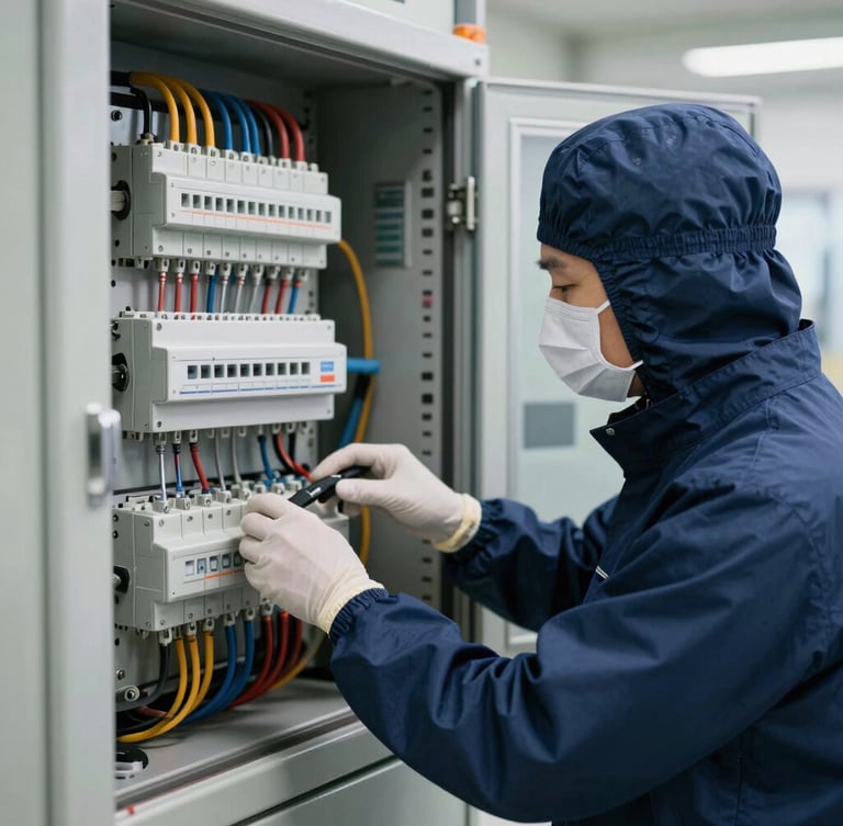 A certified QA/QC inspector in pristine PPE checking an electrical terminal block inside an industrial control room, crisp daylight, cool navy and metallic tones with amber highlights.