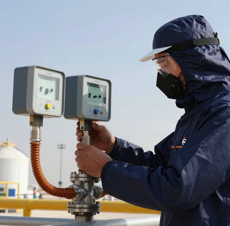 Close-up of a certified inspector in pristine PPE examining an electrical instrumentation loop at an LNG facility in Doha, crisp daylight.
