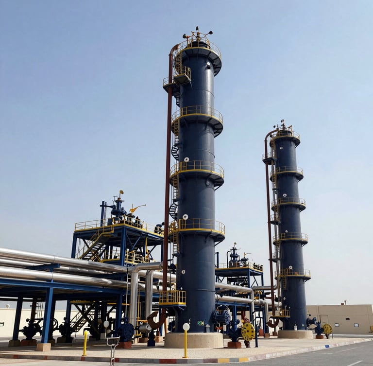 Wide shot of a modern LNG processing facility in Qatar under bright daylight, showing heavy steel structures and piping loops
