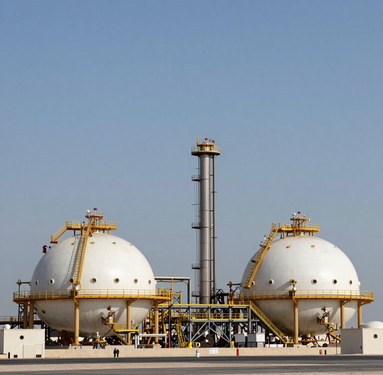 Wide environmental shot of an LNG facility in Qatar under bright daylight, clean metallic structures, clear sky, professional industrial photography.
