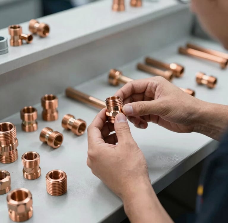 Close-up of a technician's hands holding a copper pipe fitting at a clean, industrial parts counter, bright utility lighting, metallic textures, sharp focus, 50mm lens. The counter is efficient and well-organized.