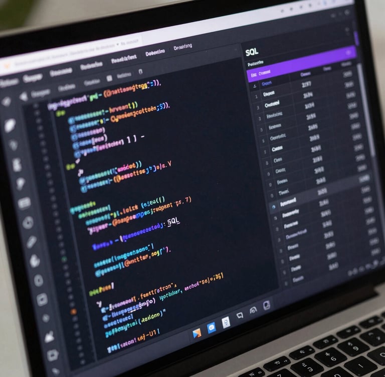 Crisp angled perspective shot of a modern dark-mode database IDE executing SQL queries, showing clean code syntax and data tables glowing with subtle purple accents, professional tech aesthetic.