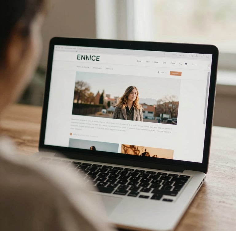 Over-the-shoulder shot of a clean website interface on a laptop screen, warm natural light, soft muted tones, shallow depth of field
