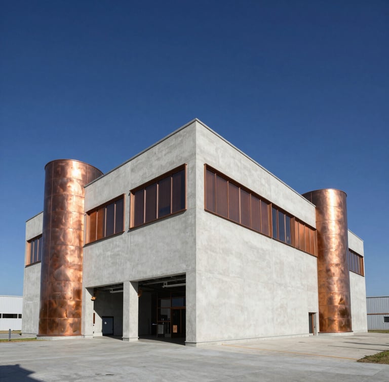 Wide-angle architectural daylight shot of a modern industrial facility in Greece, clean geometric concrete structures, deep blue sky, metallic copper highlights, 35mm lens