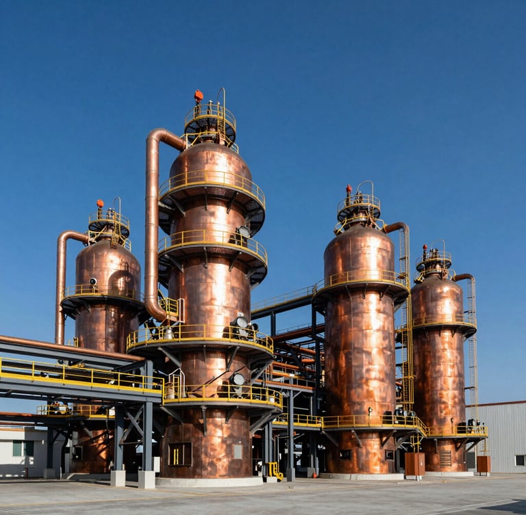 Wide-angle architectural shot of a modern industrial facility in Greece, high-contrast crisp daylight, deep blue sky, metallic copper structures, sharp focus, 35mm lens