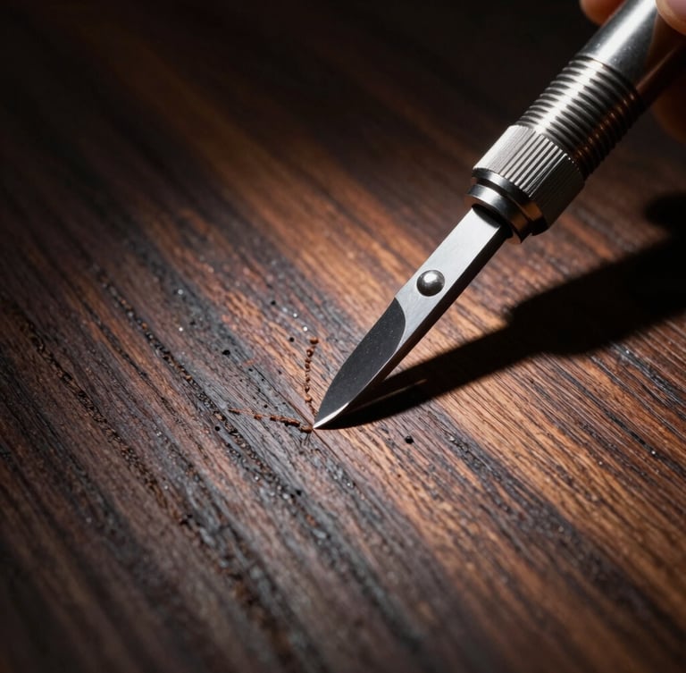 Extreme close-up of a precision scalpel cutting into rare dark veneer wood, dramatic spotlighting, high contrast chiaroscuro, visible wood grain texture.