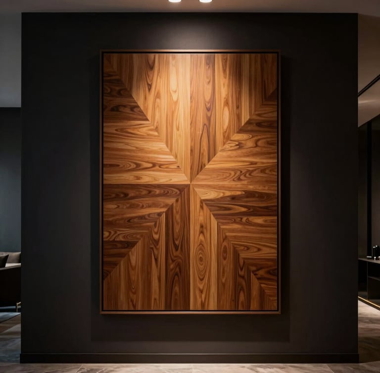 Chiaroscuro lighting on a large geometric veneer painting installed in a dimly lit luxury penthouse, wide architectural crop showing the warm wood grain glowing against dark charcoal walls.
