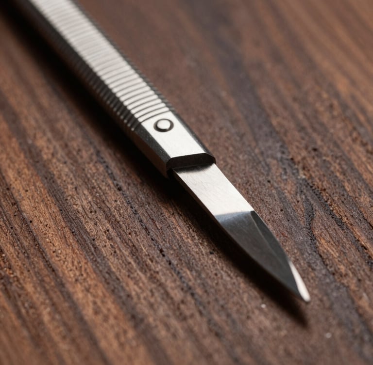 Extreme macro shot of a precision scalpel blade resting on rich walnut veneer, sharp focus on the wood grain and metallic edge, dramatic chiaroscuro lighting.
