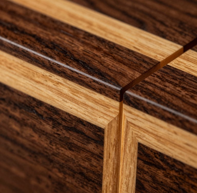 Extreme macro close-up of a marquetry joint, showing the flawless connection between dark walnut and golden sycamore veneer, dramatic chiaroscuro lighting emphasizing the fine wood grain