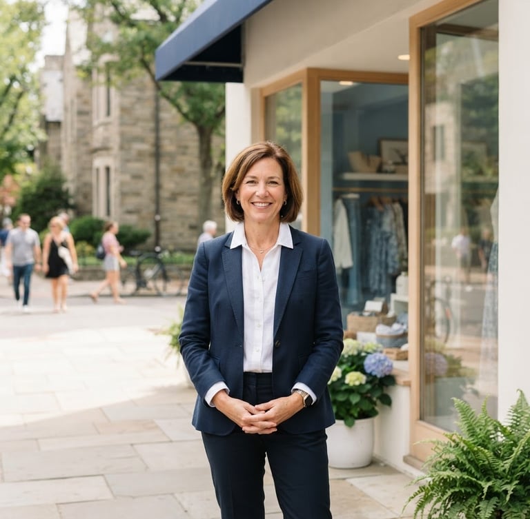 Bright corporate photography, natural daylight, a friendly local business owner standing outside a clean modern retail shop, soft blue and white tones, sharp focus, professional editorial style