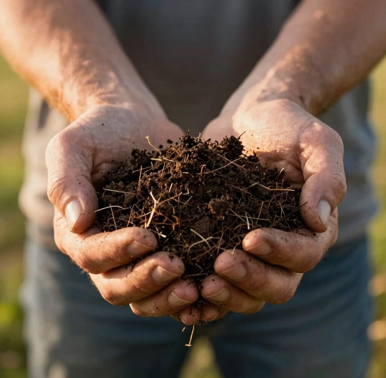 Close-up of farmer's hands holding a clump of dark, rich organic soil with grass roots, soft morning light, shallow depth of field