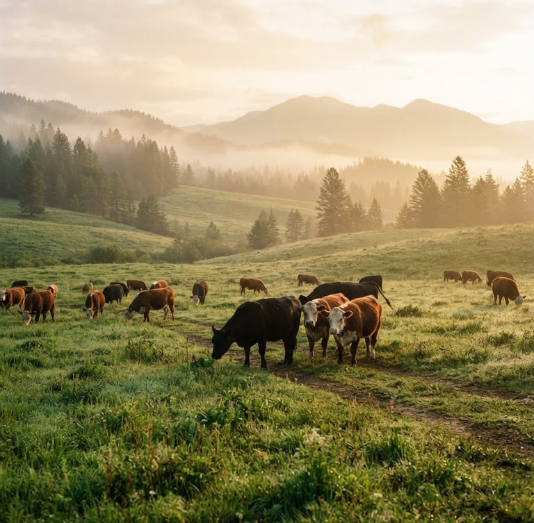Wide-angle editorial shot of cattle grazing on lush green pastures in Athol, Idaho during a misty morning golden hour, shallow depth of field