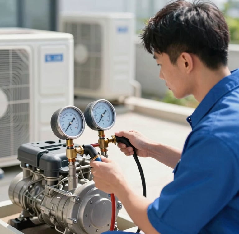A professional technician in a clean uniform using digital manifold gauges to test pressure on an outdoor AC compressor unit, bright natural daylight, 35mm